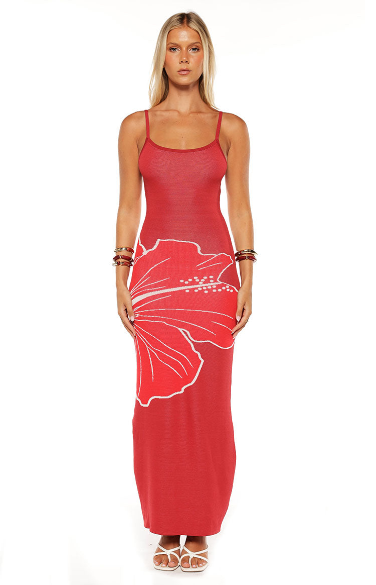 Carly Red Knit Hibiscus Print Maxi Dress Image