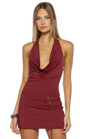 Beginning Boutique Carrie Burgundy Cowl Neck Belt Mini Dress burgundy cowl neck halter mini dress with a fitted gold O-ring belt