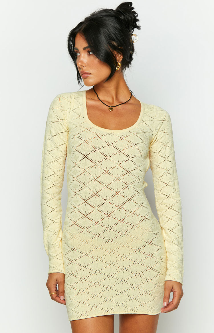 Carrie Yellow Long Sleeve Knit Mini Dress Image