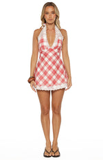 Red and white plaid A-line mini dress with a V-neck halter top and white lace trim on the neckline and hem