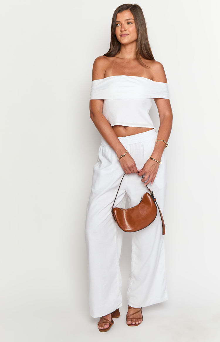 White linen blend off the shoulder crop top with a bandeau style neckline and relaxed fit