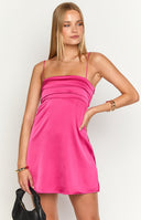 Beginning Boutique Chantell Hot Pink Mini Dress hot pink satin mini dress with square neckline, thin spaghetti straps, and pleated bodice