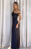 Beginning Boutique Charm Black Off Shoulder Formal Satin Maxi Dress black satin off shoulder cowl neck fitted maxi dress