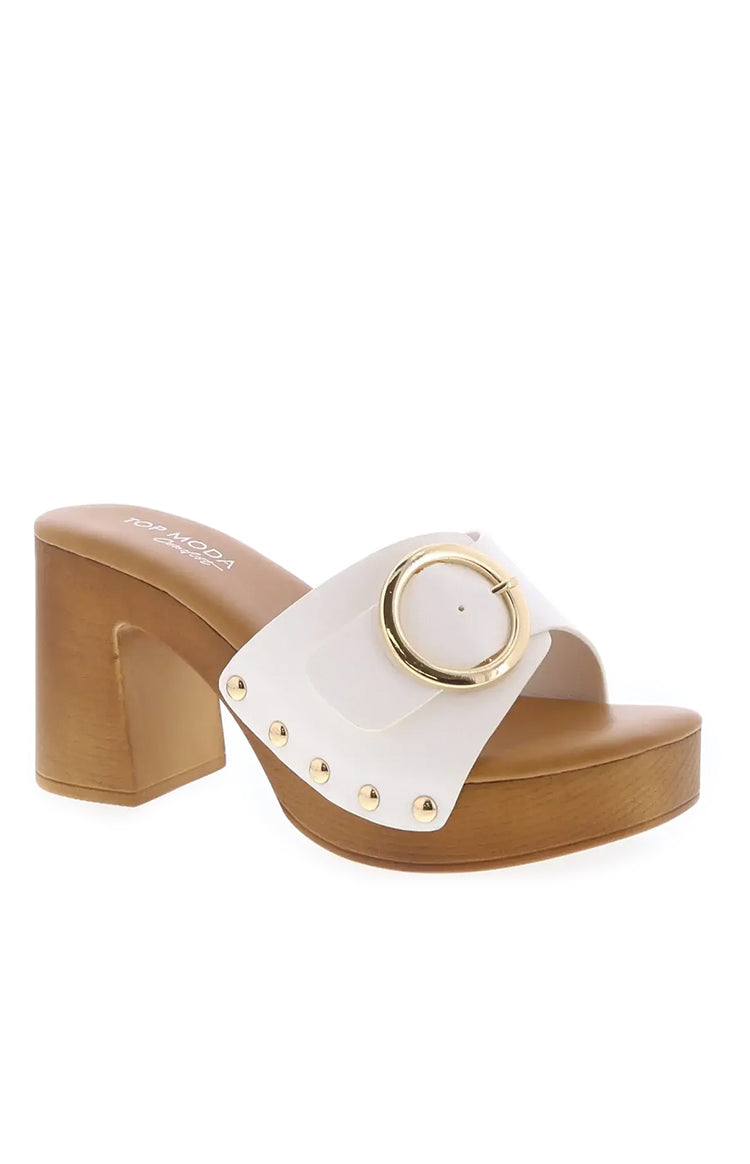 Beginning Boutique Cheska White PU Buckle Platform Heels white PU open toe mule with a gold buckle, wood platform heel, and g