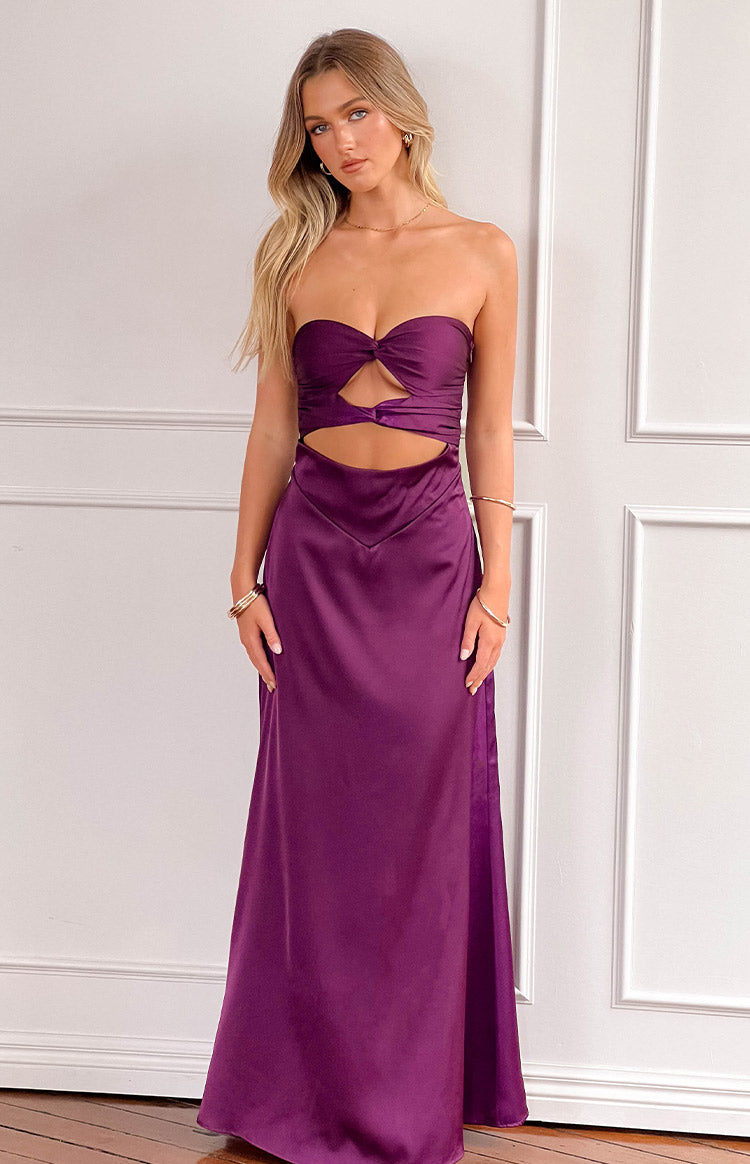 Beginning Boutique Coco Purple Strapless Maxi Dress purple satin strapless maxi dress with twisted bust detail and midriff cutouts