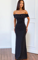 Beginning Boutique Cole Black Polka Mesh Maxi Dress black mesh white polka dot off-shoulder ruched sleeve fitted maxi