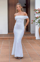 Beginning Boutique Cole White Polka Mesh Maxi Dress white polka dot off-shoulder bodycon mesh maxi dress