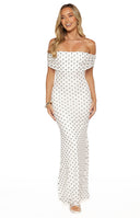 Beginning Boutique Cole White Polka Mesh Maxi Dress white polka dot off-shoulder ruched bodycon maxi dress