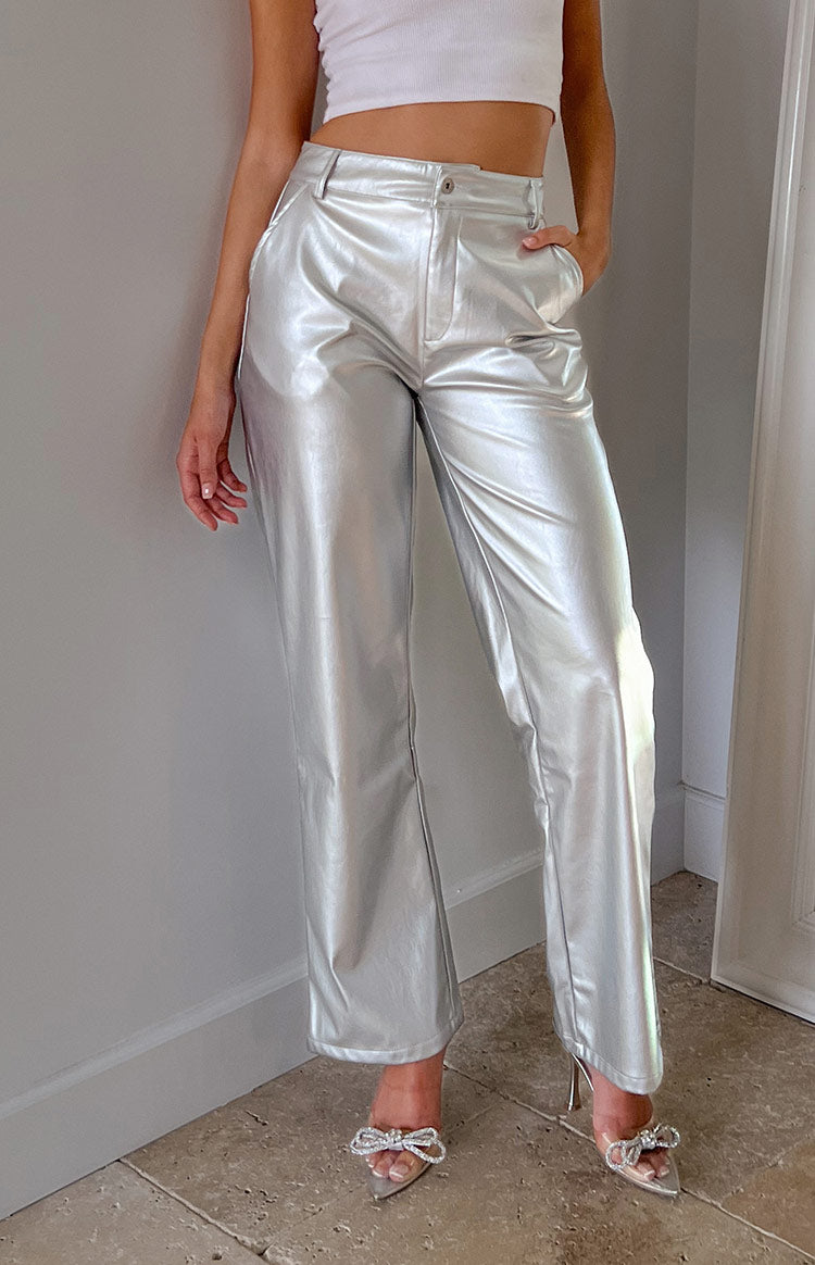 Beginning Boutique Cool Shades Silver Pants silver metallic faux leather high-waisted wide-leg pants with pockets