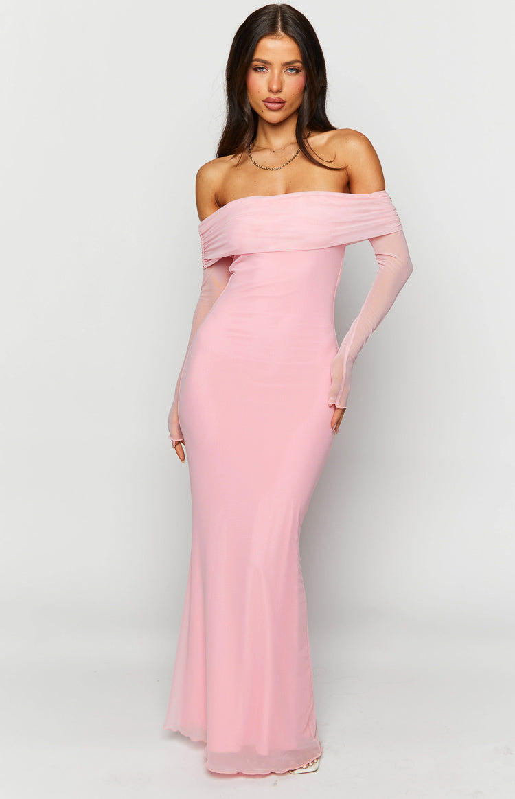 Pink off-shoulder maxi dress with draped sheer neckline and long sheer sleeves with thumbholes