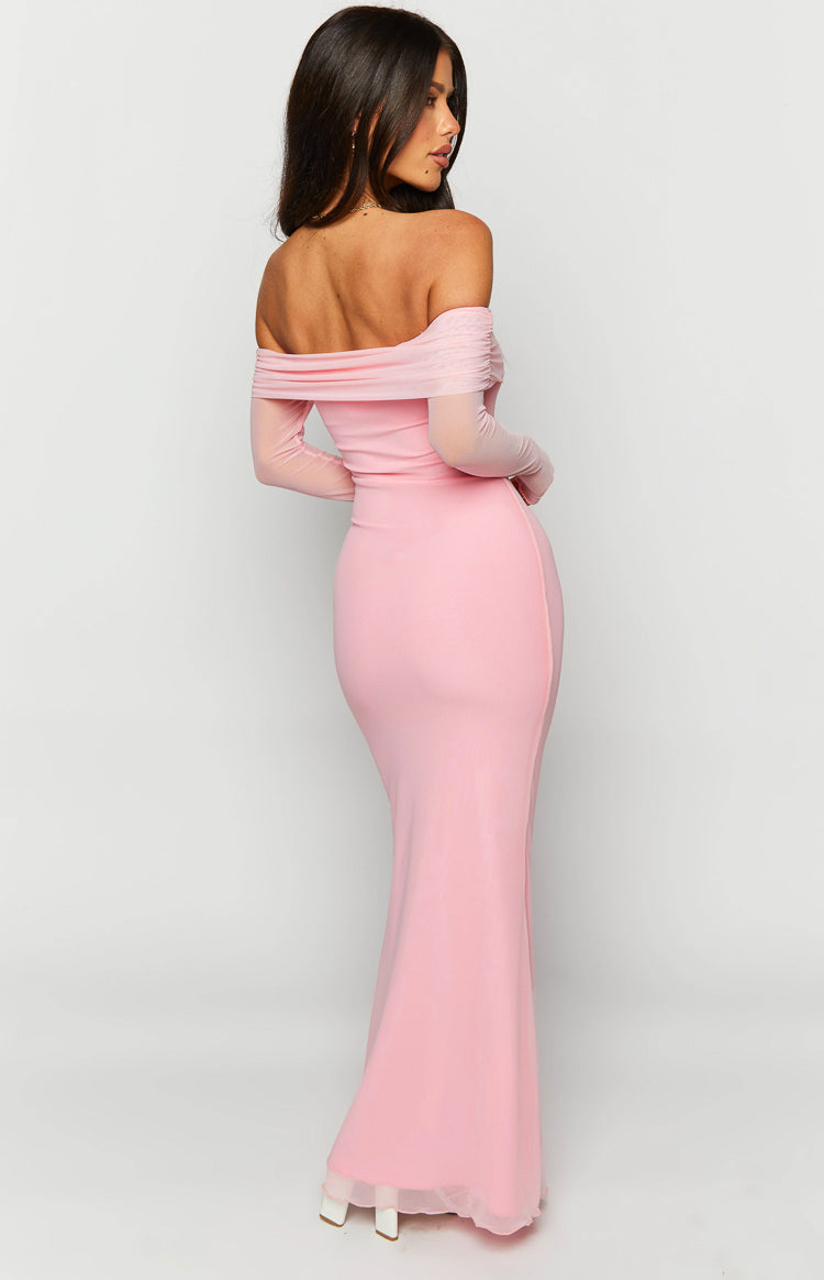 Back and side view of a fitted pink off-shoulder maxi dress with a ruched bodice and sheer long sleeves