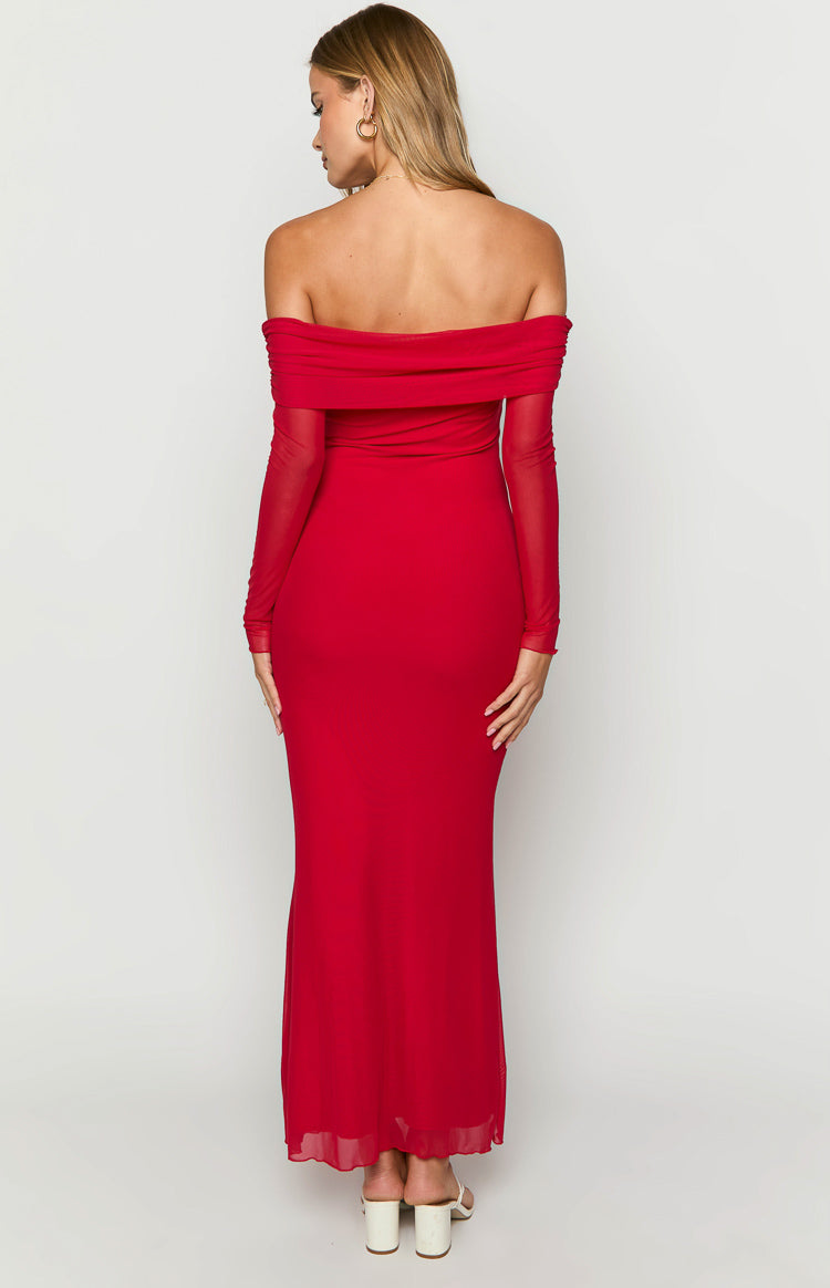 Rear view of a red off-shoulder maxi dress with draped neckline and sheer long sleeves