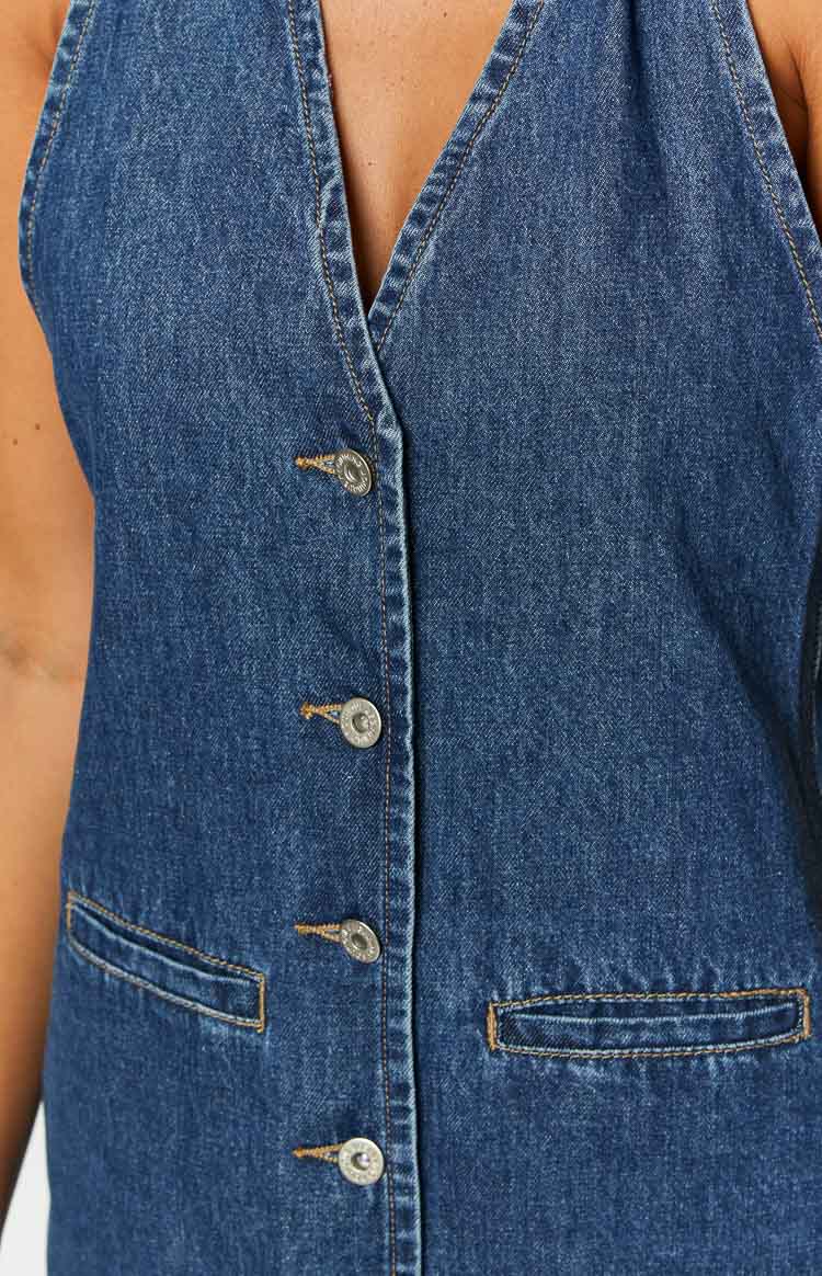 blue denim halter neck mini dress with silver buttons