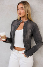Beginning Boutique Corey Black Washed Denim Biker Jacket black washed denim biker jacket collarless full zip long sleeves white stitching