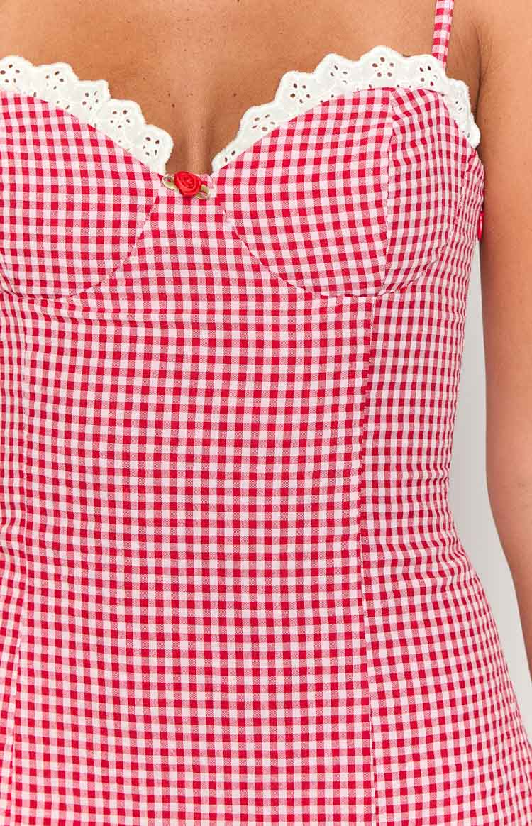 Close-up of the red gingham mini dress bodice with a sweetheart neckline, white eyelet lace trim, and a small red rose detail