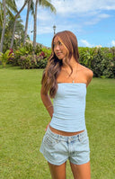 Beginning Boutique Daisy Blue Striped Tube Top blue and white striped fitted strapless crop tube top