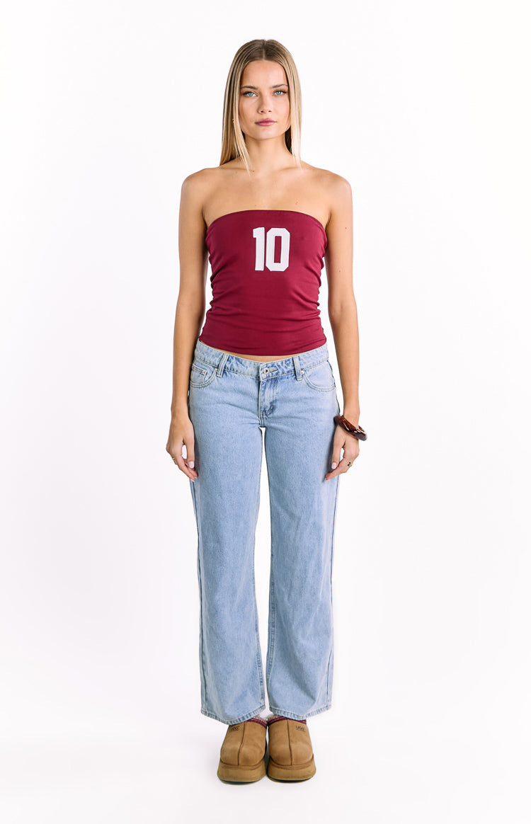 Burgundy strapless top with a white '10' graphic on the front