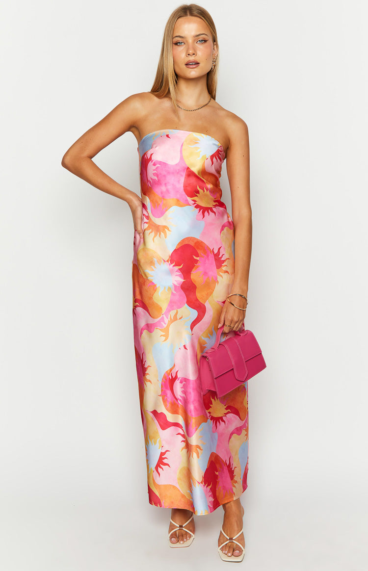 Vibrant multi-coloured sun print strapless maxi dress with a straight neckline and fitted design