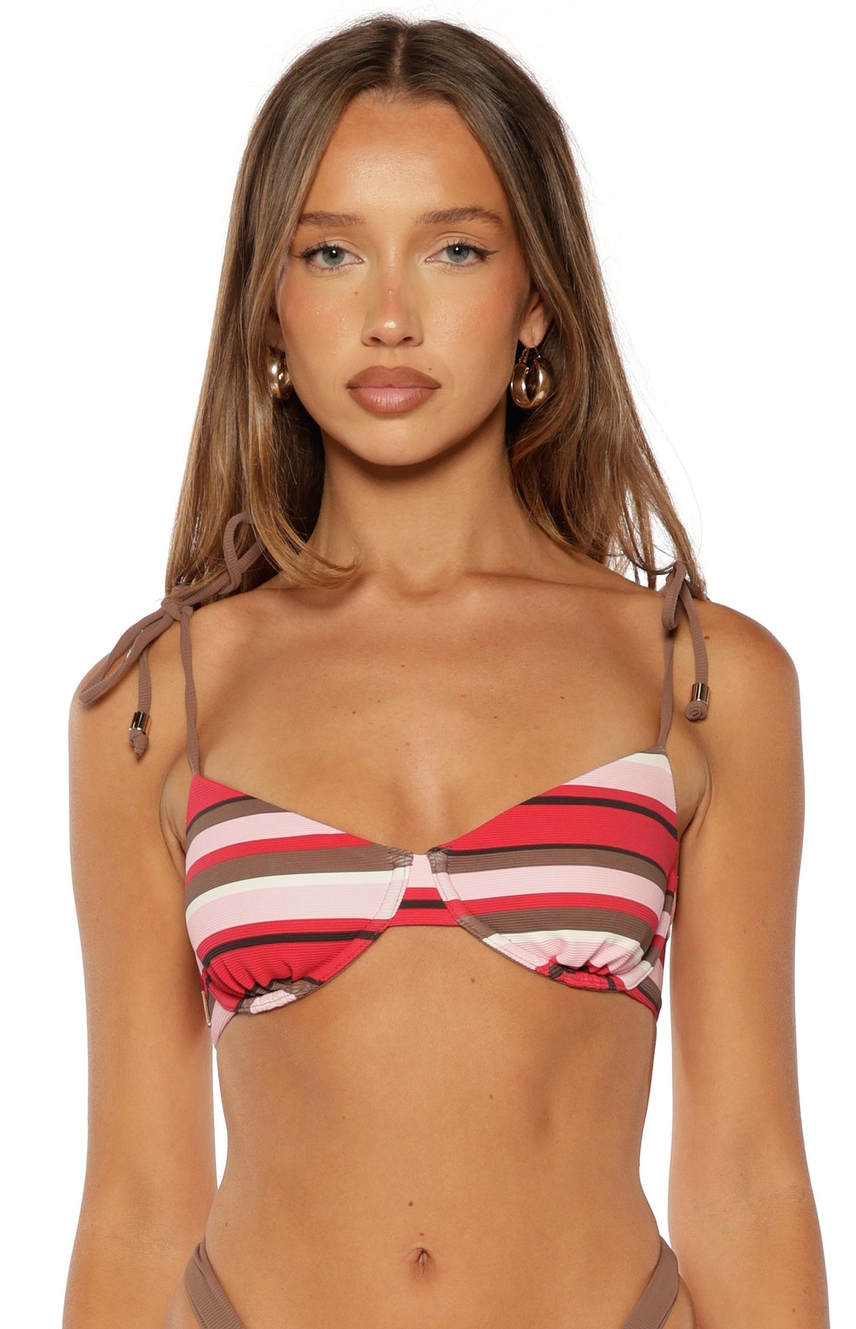 Front view of the pink multi-stripe underwire bikini top with tie-shoulder straps and ribbed texture