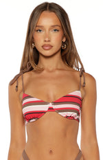 Front view of the pink multi-stripe underwire bikini top with tie-shoulder straps and ribbed texture