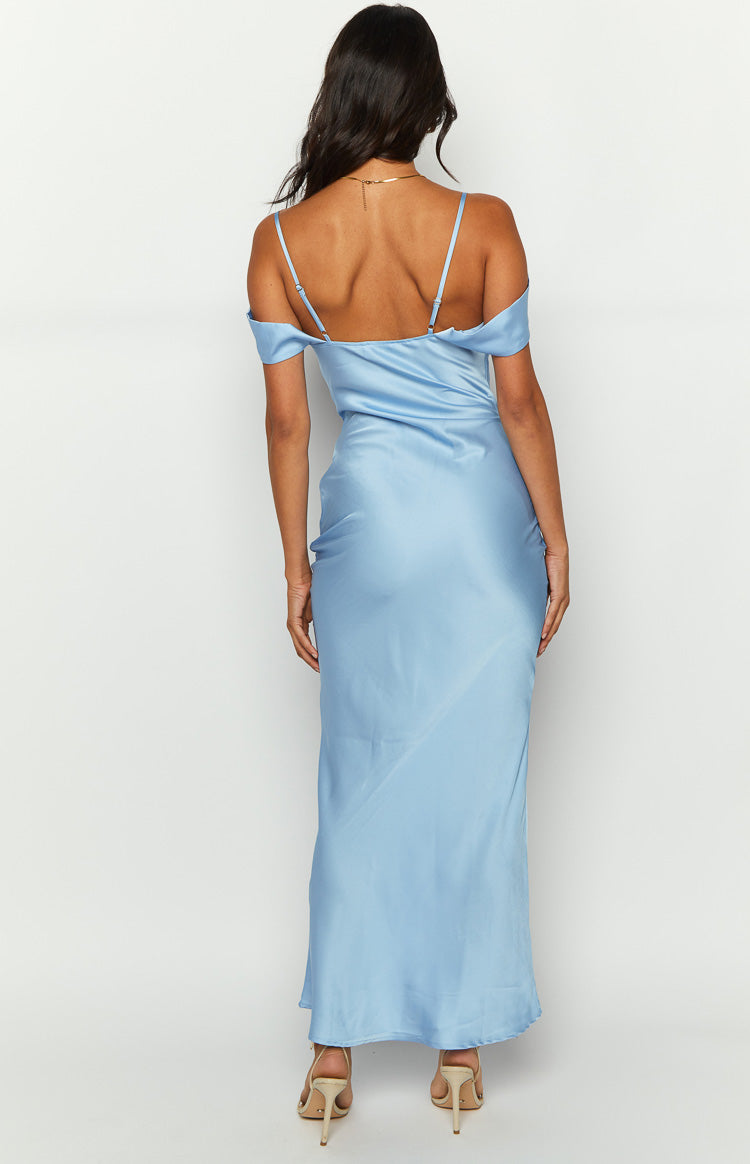 Rear view of a light blue satin maxi dress with off-shoulder sleeves and thin spaghetti straps