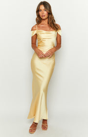 Yellow satin cowl neck maxi dress with delicate spaghetti straps and off-shoulder short sleeves