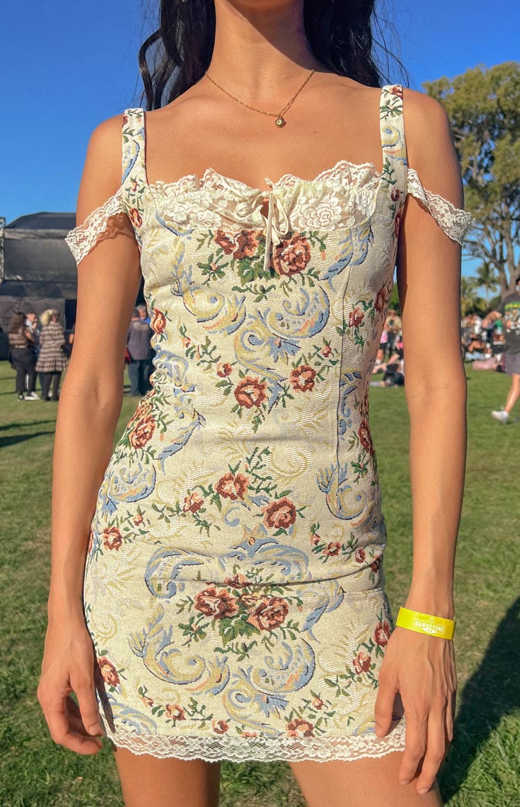 Beginning Boutique Daydreaming Beige Tapestry Mini Dress beige tapestry mini dress with lace sweetheart neckline and off-shoulder straps