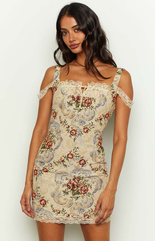 Daydreaming Beige Tapestry Mini Dress Beginning Boutique
