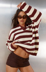 Daze Burgundy Stripe Polo Knit Sweater Image