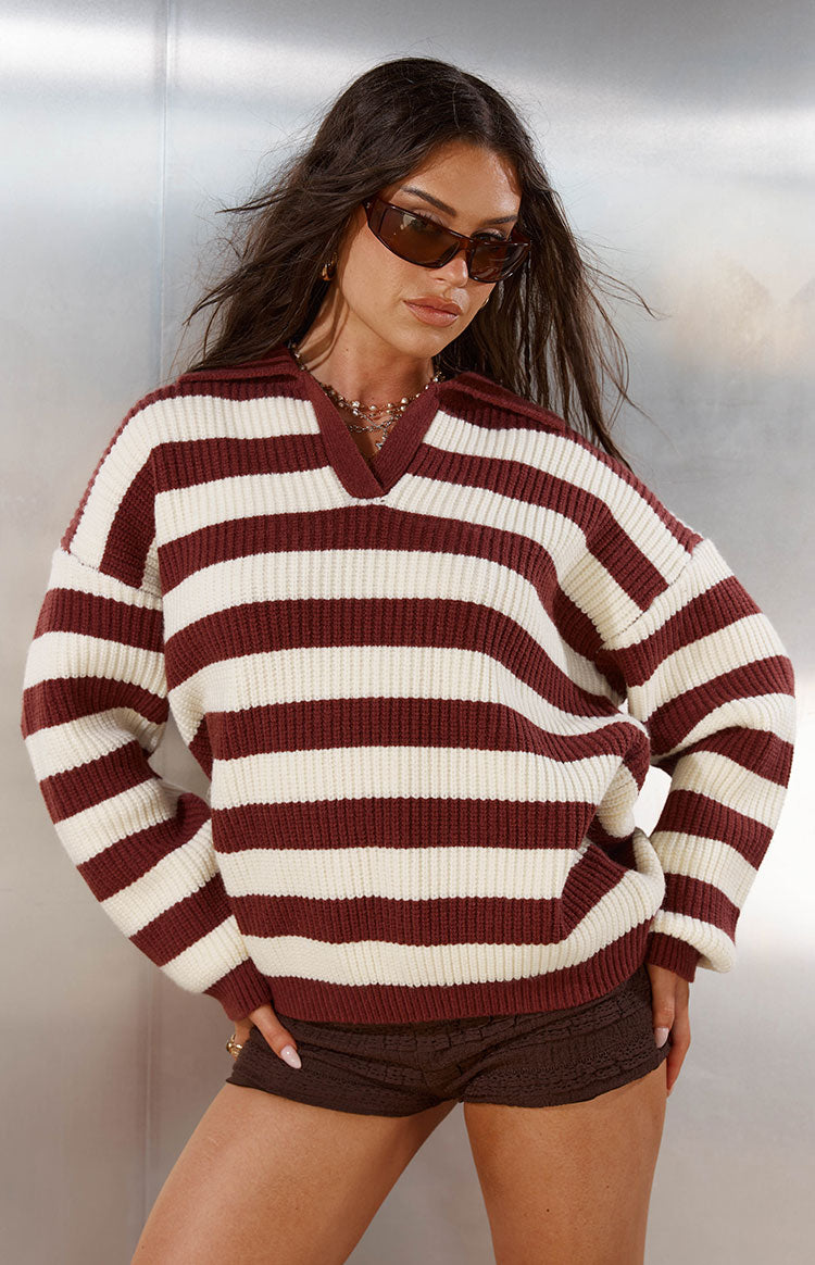 Relaxed fit burgundy and cream striped knit sweater with a V-neck polo collar