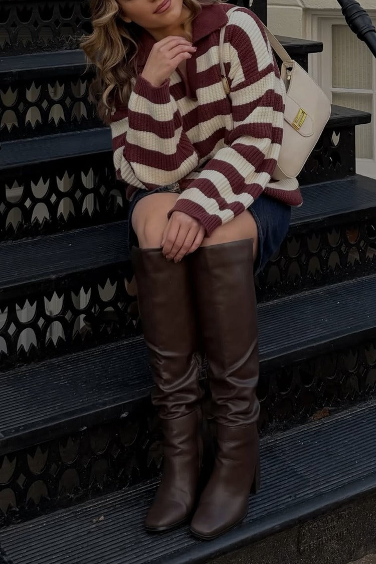 Beginning Boutique Daze Burgundy Stripe Polo Knit Sweater burgundy and cream striped knit sweater with a polo collar and long