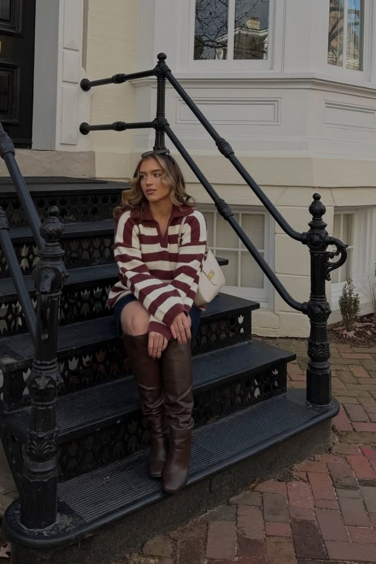Burgundy and cream striped polo knit sweater with a relaxed fit and long sleeves