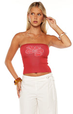 Deja Red Knit Hibiscus Strapless Tube Top Image