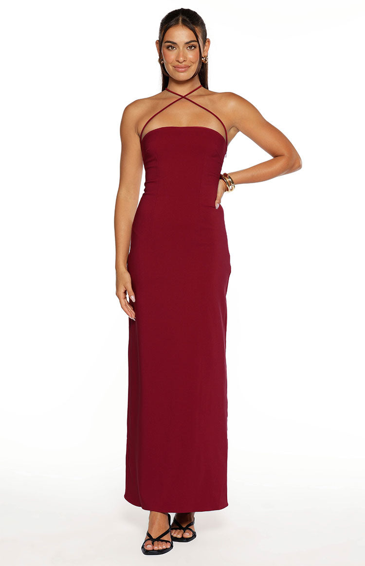 Del Mar Burgundy Crepe Formal Maxi Dress | Beginning Boutique AU Del Mar Burgundy Crepe Formal Maxi Dress | Beginning Boutique AU