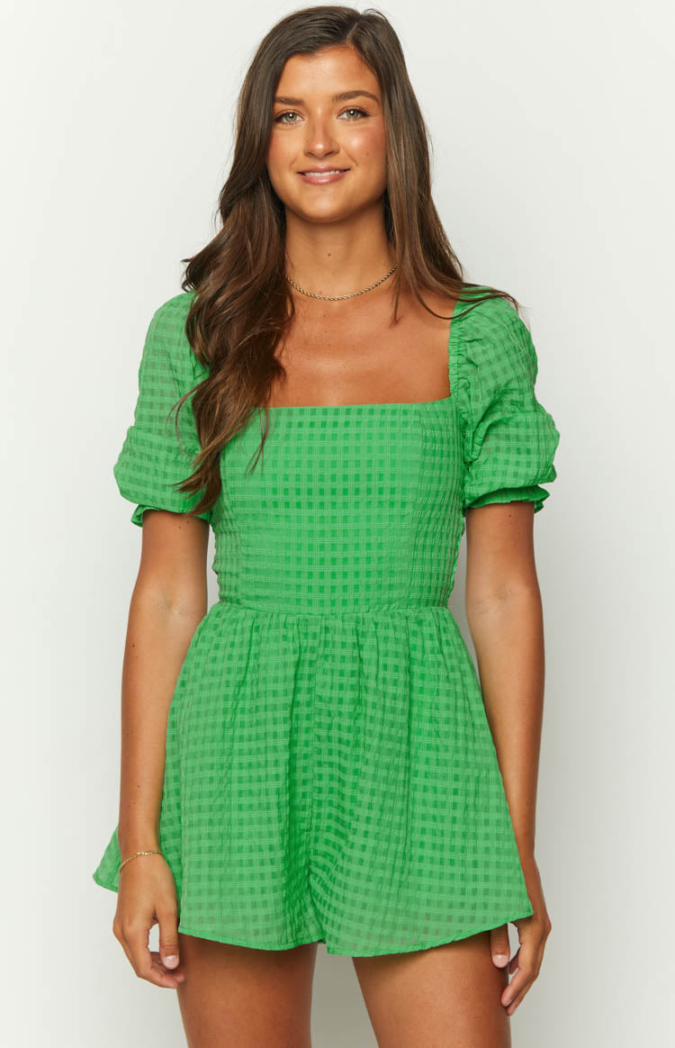 Beginning Boutique Delilah Green Playsuit green textured gingham square neck short puff sleeve mini playsuit