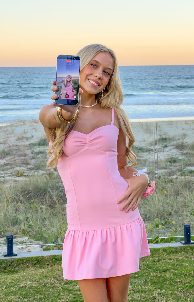 Beginning Boutique Deloris Pink Crepe Party Mini Dress pink crepe sweetheart neck mini dress with thin straps and ruffled hem