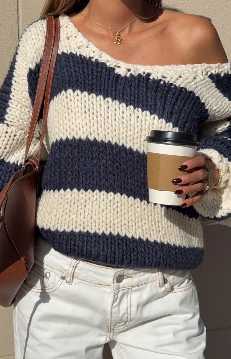 Delvey Navy Striped Chunky Knit Sweater Image