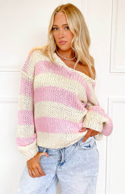 Beginning Boutique Delvey Pink Striped Chunky Knit Sweater pink and cream striped chunky knit sweater with an off-the-shoulder neckline