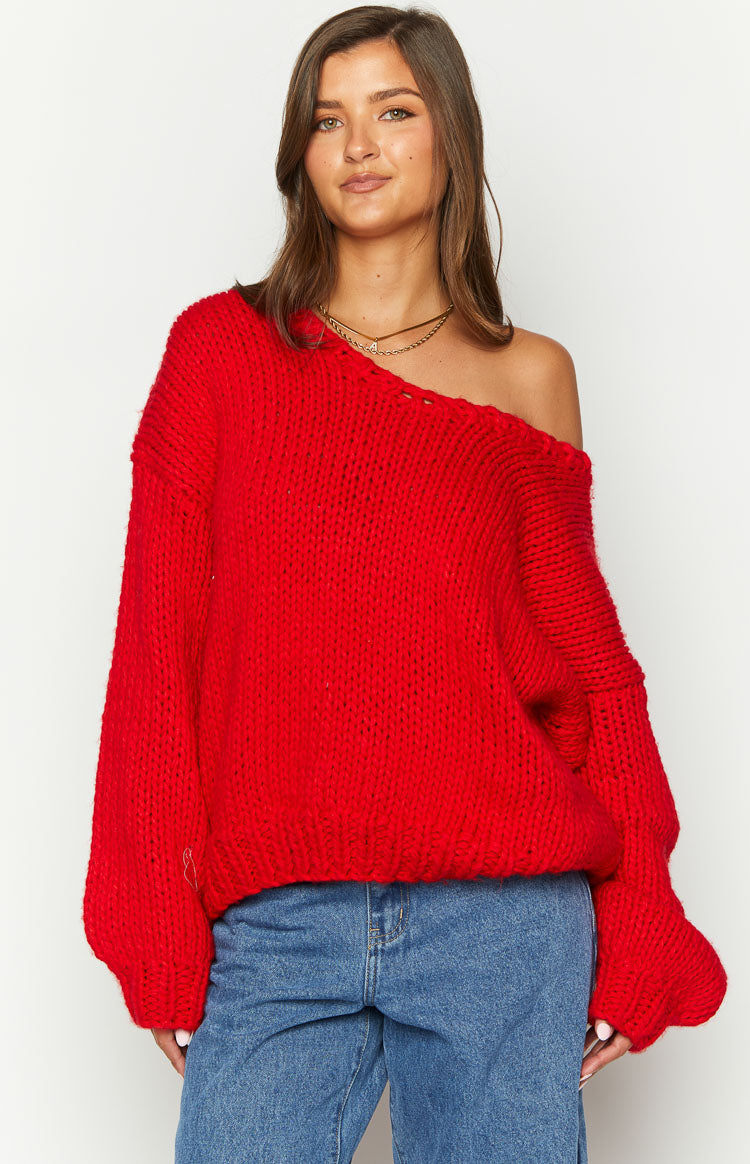 Knitted red sweater deals