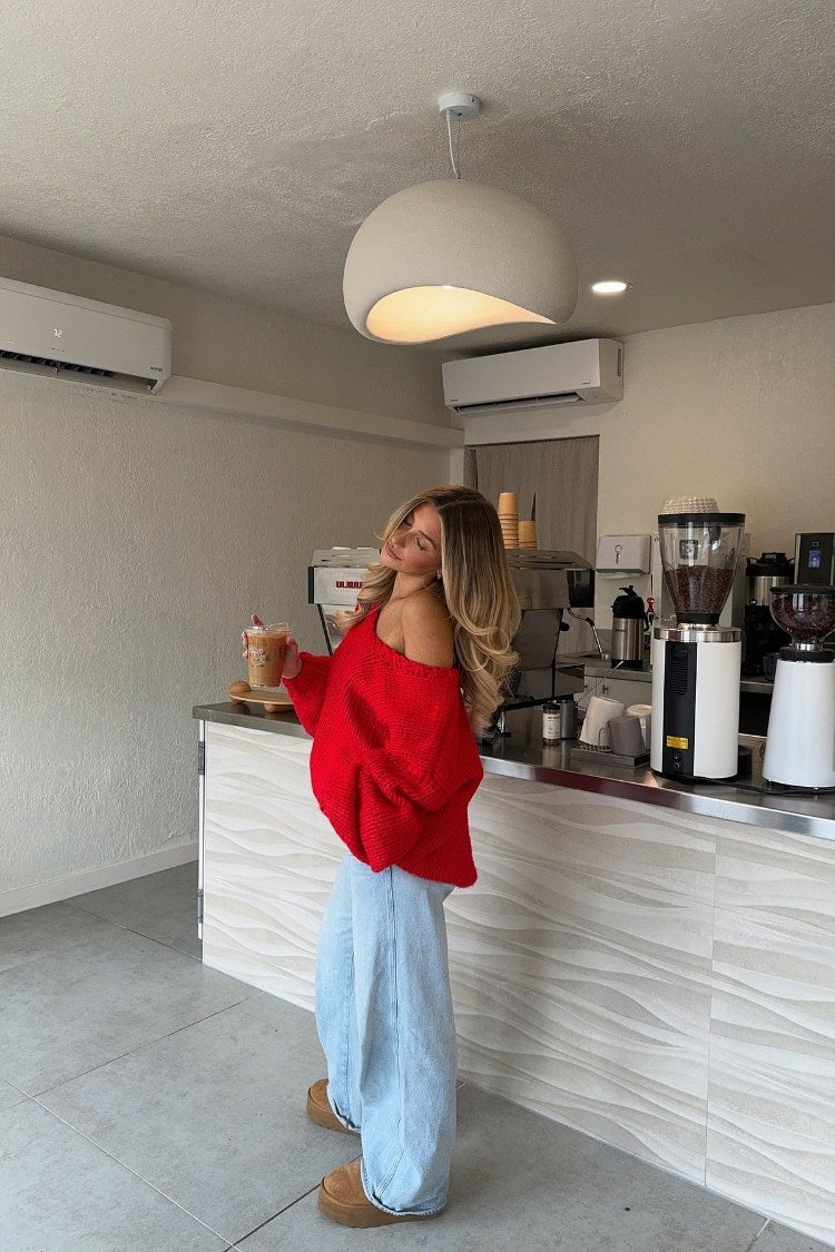 Beginning Boutique Delvey Red Chunky Knit Sweater red chunky knit off-shoulder oversized sweater