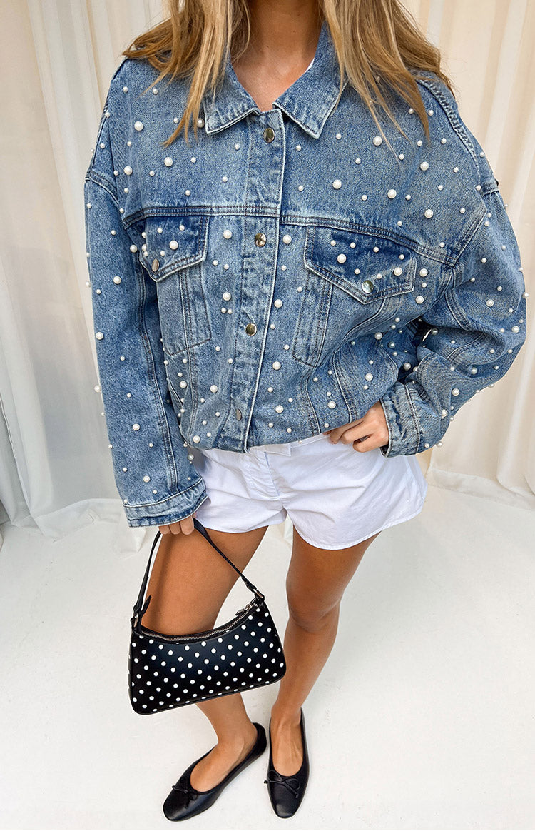 Denim Dazzle Pearl Mid Wash Denim Jacket from Beginning Boutique