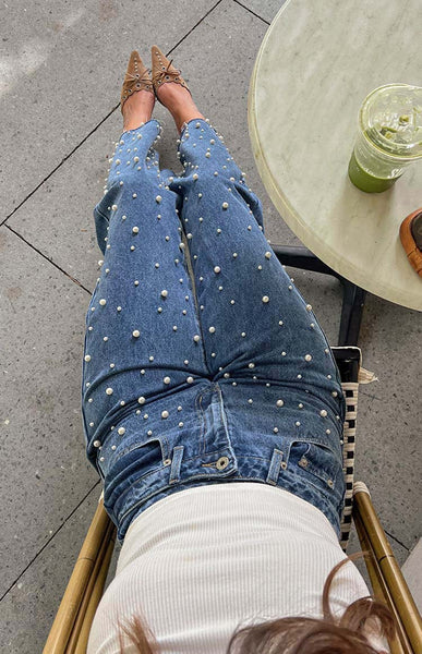 Denim Dazzle Pearl Mid Wash High Waisted Jeans Beginning Boutique