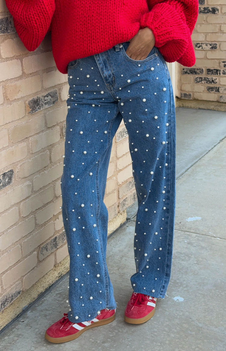 Denim Dazzle Pearl Mid Wash High Waisted Jeans Image