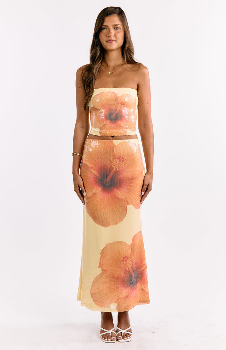 Denzel Yellow Floral Sequin Maxi Skirt Image