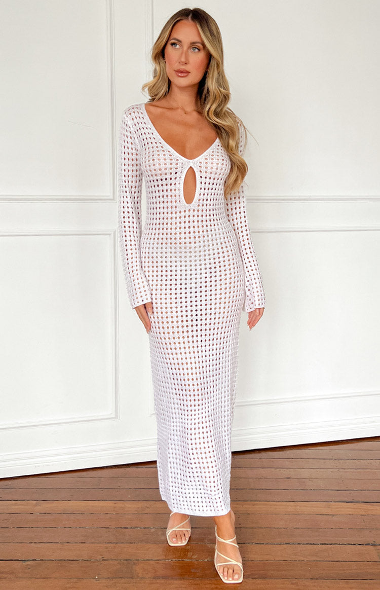 Destinations White Crochet Long Sleeve Maxi Dress BB Exclusive