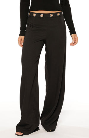 Beginning Boutique Devotion Black Eyelet Straight Leg Pants black high-waisted straight leg pants with silver eyelet waistband