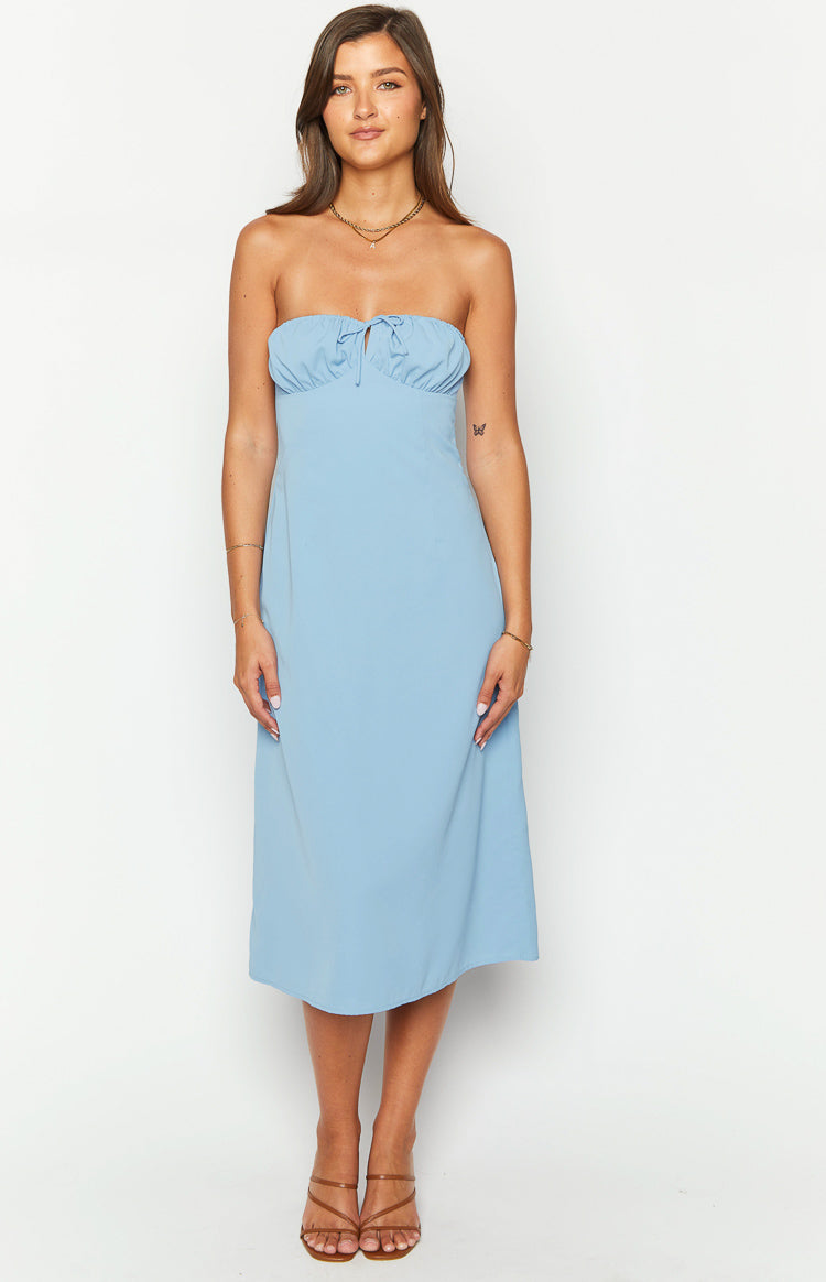 Front view of a blue strapless midi dress with a ruched bust and tie-front detail