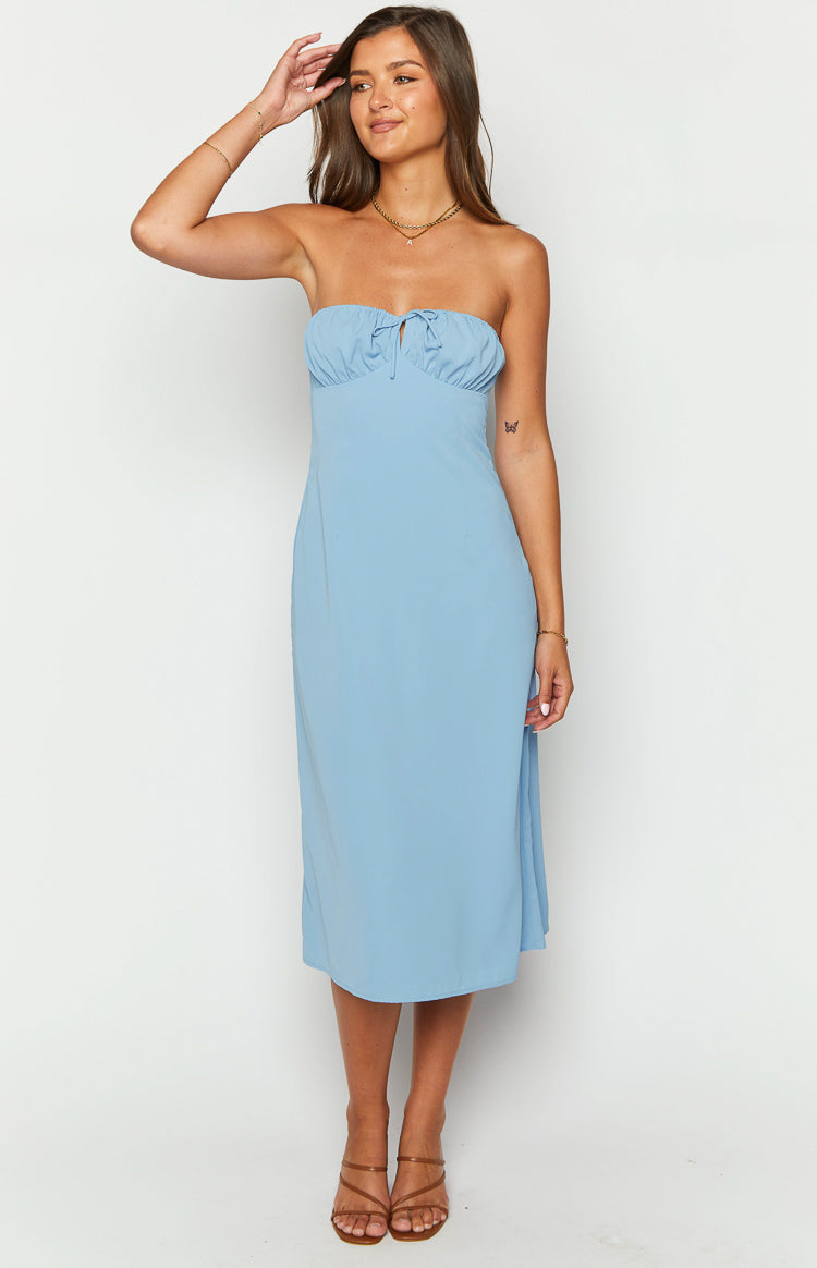 Beginning Boutique Dion Blue Strapless Midi Dress light blue ruched bust tie front fitted bodice flowy midi
