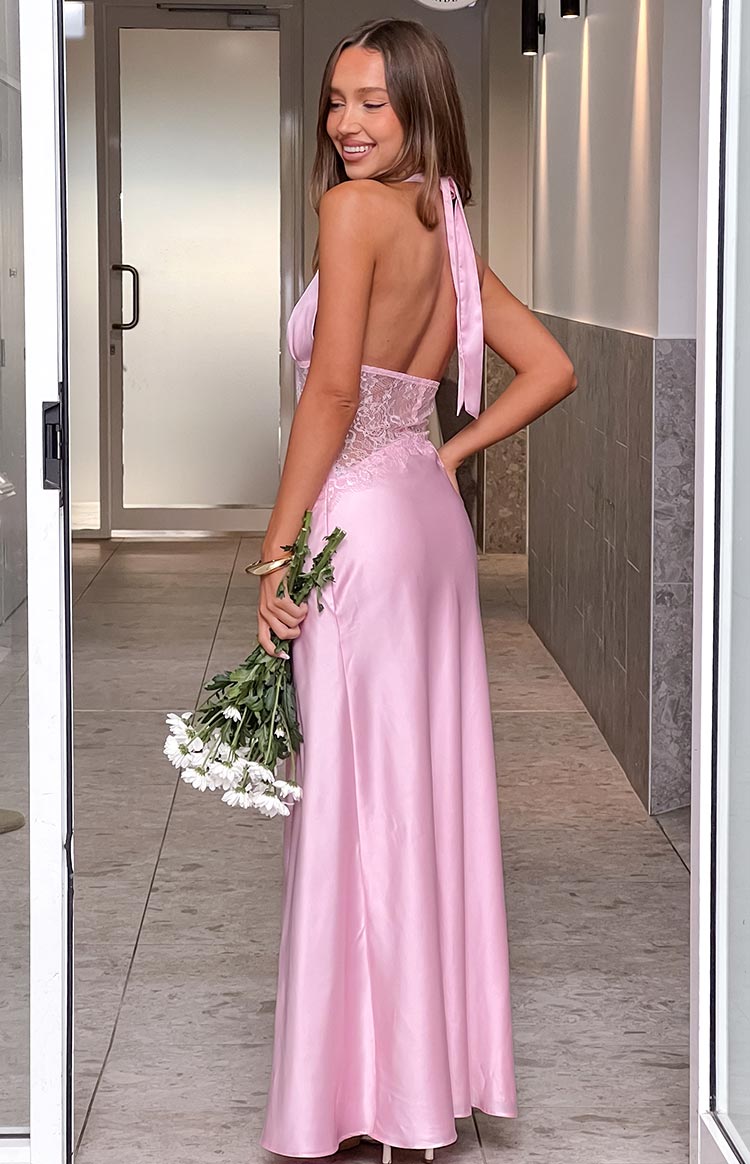 halter neck dress pink Divandi Pink Lace Halter Neck Formal Maxi Dress