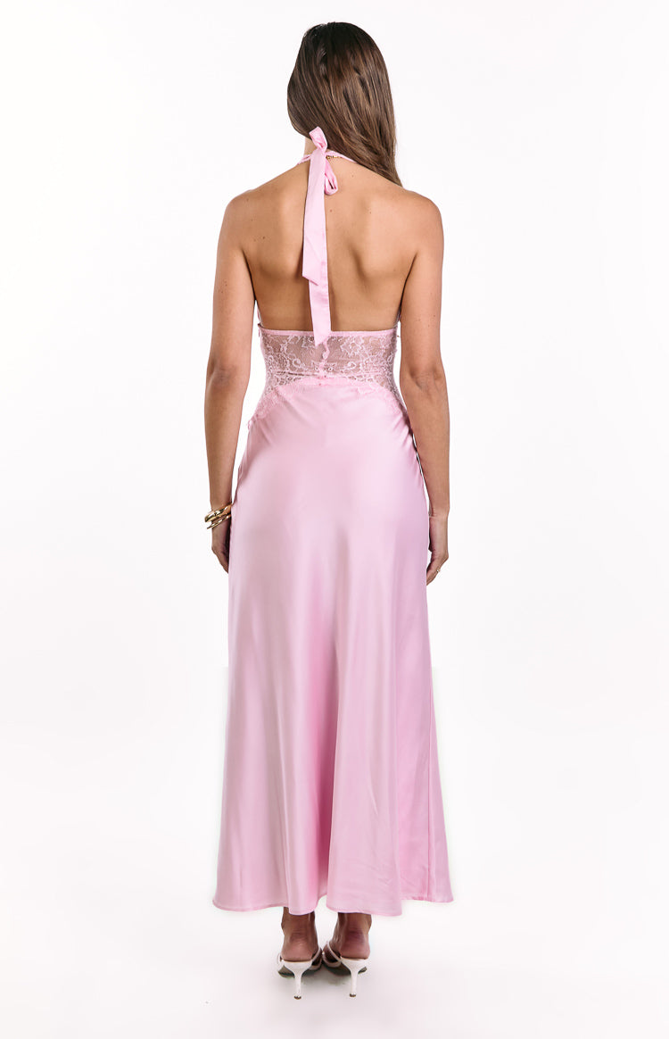 Rear view showing the pink lace panel and halter neck tie of a pink maxi dress
